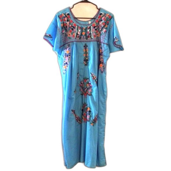 Vintage Aqua Blue Mexican Oaxacan Embroidered Long Dress Boho - Picture 1 of 5